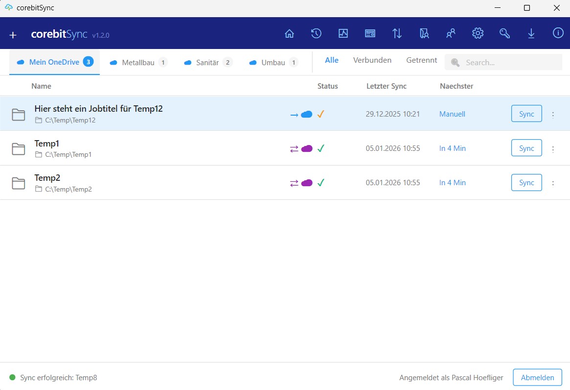 corebitSync Hauptfenster